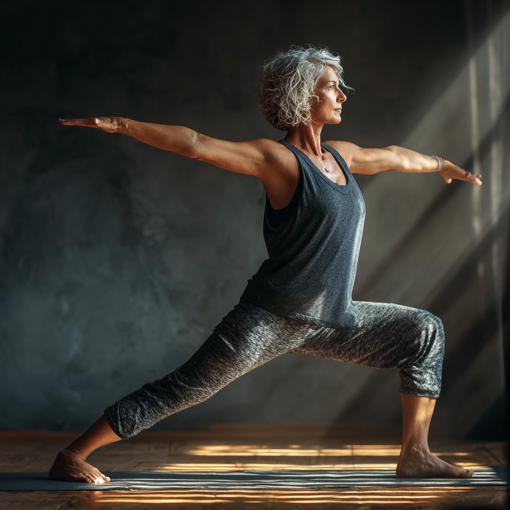 Mature woman around 45 years old performing a graceful yoga warrior pose on a wooden floor in natural lighting, demonstrating strength and flexibility