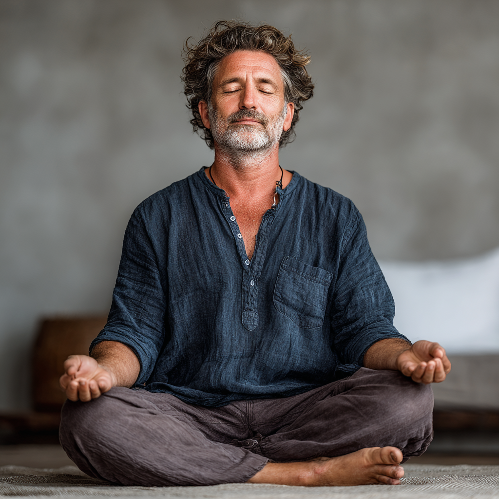Serene middle-aged man around 50 years old sitting cross-legged in meditation pose with eyes closed, wearing comfortable clothes in a peaceful indoor setting